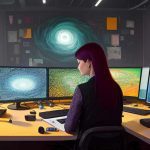 An artist content creator sitting at her desk pondering over her computer monitors