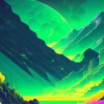 A surrealist landscape in mostly green colours.