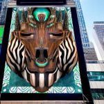 An illustrative representation of Idle Wild by Teresa Cowley on being shown on a large screen in New York's iconic Times Square as part of Fuori E-Vento by M.A.D.S. Art Gallery