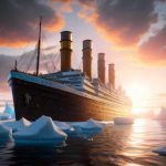 An AI rendering of the Titanic near icebergs
