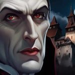 Dracula dressed in black standing outside his castle wishing everyone a happy Halloween