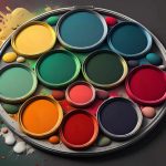 An artist’s paint palette with greens, reds, yellows black representing festive holiday colours. The palette is framed on either side by red and green Christmas bulb ornaments