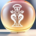 A vector graphic image of a fancy art deco style perfume bottle displayed on a frosted glass bottle sitting on a table with a blank wall in the background.