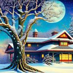 A winter scene with a large cabin on the right and a tree with bare branches covered in snow to the left. It’s a bright scene yet there is a moon in the sky and snow on the ground. It’s in the style of a holiday greeting card.