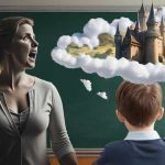 This image shows a stylized classroom scene with a fantastical element. A young boy with brown hair, dressed in a school uniform, is facing a chalkboard. Standing next to him is a teacher, with her mouth open as tells a story, and her hair appears to be blown back by an unseen force. The chalkboard itself is the canvas for an imaginative scene that breaks from reality: a cloud-shaped cutout reveals a vibrant landscape featuring a majestic castle surrounded by greenery and smaller structures, suggesting a scene from a fairy tale or storybook. The contrast between the ordinary classroom setting and the magical imagery on the board creates a whimsical and engaging visual narrative.