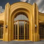 This is an image of a modern building with distinctive Art Deco architectural features. The facade is symmetrical, highlighted by its smooth curves and bold, streamlined forms. It's painted in a vivid mustard yellow, with vertical fins and a series of steps leading up to a central, rounded glass doorway framed by ornate metalwork. Flanking the glass entrance are two rounded projections, each featuring a set of narrow windows following the curve of the wall. The building stands out against a backdrop of more traditional, white apartment buildings and a partly cloudy sky.