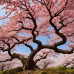 This image showcases a robust cherry blossom tree with an extensive, gnarled trunk and sprawling branches covered in dense clusters of pink blossoms. The tree stands out in stark contrast against a clear blue sky. Below, a gentle slope covered with green grass complements the scene. The background hints at a grove of similarly blooming cherry trees, creating a canopy of pink that symbolizes the arrival of spring.