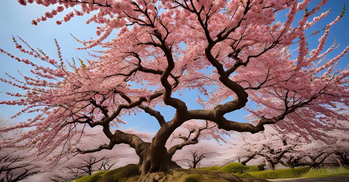 This image showcases a robust cherry blossom tree with an extensive, gnarled trunk and sprawling branches covered in dense clusters of pink blossoms. The tree stands out in stark contrast against a clear blue sky. Below, a gentle slope covered with green grass complements the scene. The background hints at a grove of similarly blooming cherry trees, creating a canopy of pink that symbolizes the arrival of spring.