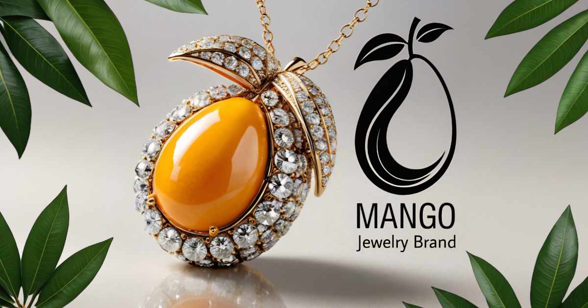 This image features an advertisement for the fictitious Mango Jewellery Brand. The focal point is a large, mango-shaped pendant with a vibrant, shiny orange center cabochon, surrounded by a detailed rim embellished with small clear stones and gold accents resembling a mango's skin. The pendant is suspended by a gold chain. On the right side of the image, against a soft grey background, is the black logo of the fictitious Mango Jewellery Brand, which is a stylized mango fruit with leaves. Framing the advertisement are realistic green mango leaves adding a fresh, natural element. The overall design is elegant and luxurious.