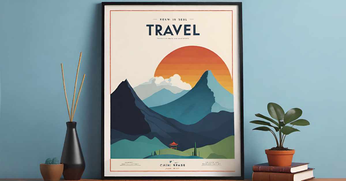 This is an image of a stylized travel poster displayed on a wall. The poster features layered mountain landscapes with varying shades of blue and green, and an orange and yellow sun setting or rising in the background. At the bottom, there's a small red structure that resembles a traditional Asian pagoda. The poster has a retro minimalist design aesthetic with the title "TRAVEL" at the top in large, bold lettering. The poster is framed and hung on a blue wall, flanked on the left by a tall, dark vase with dried reeds and on the right by a potted plant with broad green leaves resting on a stack of hardcover books. The colours and composition suggest a serene and inviting scene.