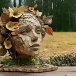 This image shows a sculptural art piece resembling a human head, created with a mosaic of earth-toned materials, resembling cracked clay. The sculpture is adorned with a variety of leaves, twigs and flowers, giving the impression of hair and decoration. These botanical elements have autumnal hues, such as browns, yellows, and greens, adding a natural and organic feel to the piece. The sculpture rests on a wooden table and is set against a background featuring a meadow with evergreen trees in the distance. The craftsmanship suggests a connection between art and nature.