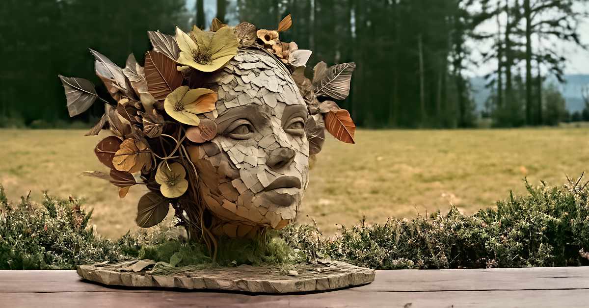 This image shows a sculptural art piece resembling a human head, created with a mosaic of earth-toned materials, resembling cracked clay. The sculpture is adorned with a variety of leaves, twigs and flowers, giving the impression of hair and decoration. These botanical elements have autumnal hues, such as browns, yellows, and greens, adding a natural and organic feel to the piece. The sculpture rests on a wooden table and is set against a background featuring a meadow with evergreen trees in the distance. The craftsmanship suggests a connection between art and nature.