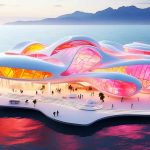 This image features a futuristic building with a striking organic design, set on its own island with a backdrop of mountains and a calm sea during what appears to be sunset. The structure has smooth, flowing lines and is composed of interconnected lobes with translucent, colorful facades that glow in hues of pink, orange, and white. Palm trees and figures of people can be seen around the building, providing a sense of scale and suggesting the building is a public space. Reflections of the structure shimmer on the water’s surface, enhancing the impression of a serene, otherworldly setting.