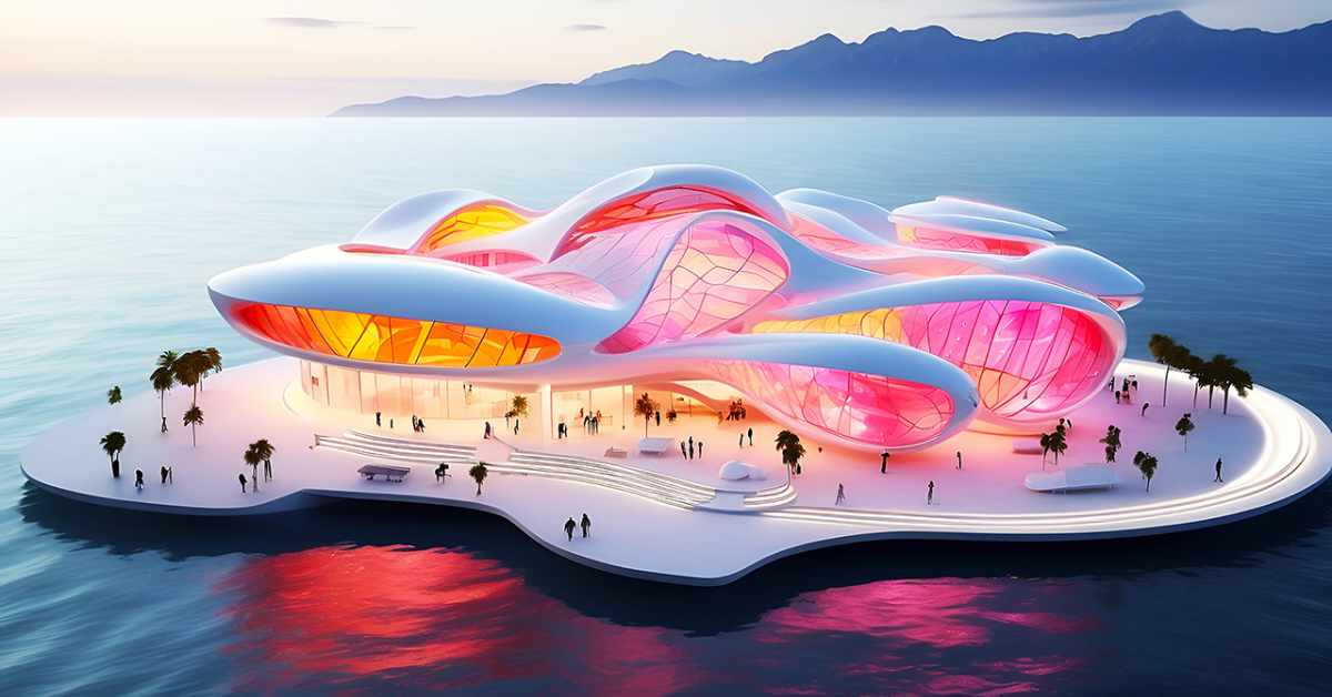 This image features a futuristic building with a striking organic design, set on its own island with a backdrop of mountains and a calm sea during what appears to be sunset. The structure has smooth, flowing lines and is composed of interconnected lobes with translucent, colorful facades that glow in hues of pink, orange, and white. Palm trees and figures of people can be seen around the building, providing a sense of scale and suggesting the building is a public space. Reflections of the structure shimmer on the water’s surface, enhancing the impression of a serene, otherworldly setting.