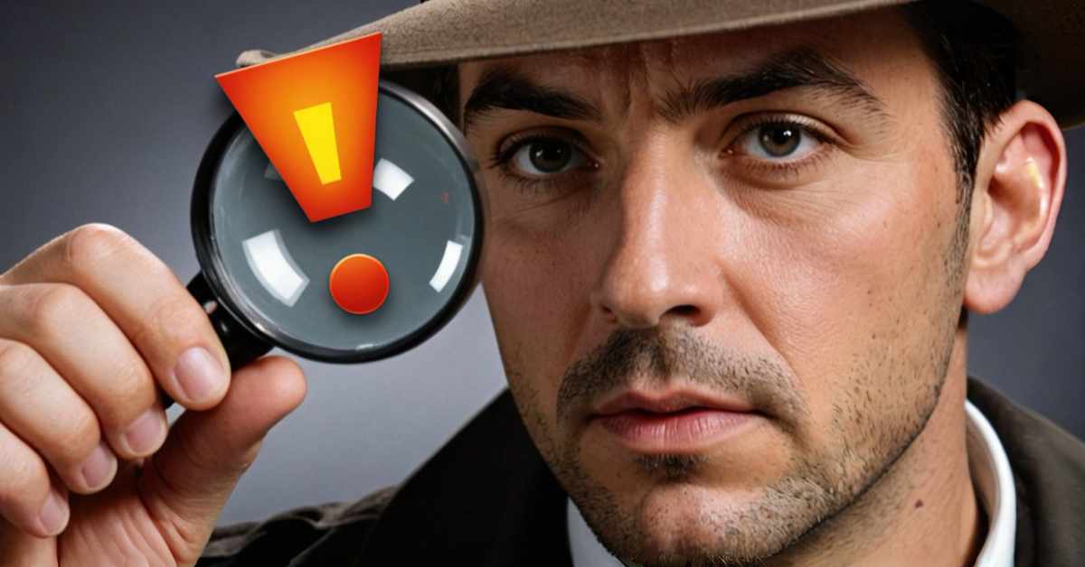 This image shows a close-up of a man with dark hair and slight beard, wearing a light brown fedora hat. He is holding a magnifying glass close to the camera, through which an exclamation mark symbol in bright orange with a yellow center is prominently displayed against a grey background. The man's facial expression is serious and focused, directing attention toward the symbol in the magnifying glass, suggesting importance or urgency. His gaze and the position of the magnifying glass suggest a moment of discovery or emphasis.