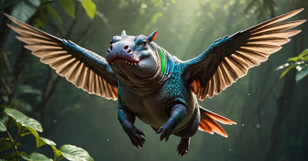 This image depicts a fantastical creature resembling a hippopotamus-hummingbird hybrid in mid-flight against a lush jungle background. The creature has a thick, greyish-blue body, adorned with vibrant teal and green scales like feathers around its neck and shoulders. Its wide, flat snout is turned slightly towards the viewer, revealing a friendly expression with small, piercing eyes. The wings are expansive, with light brown feathers stretching out on either side. The background is softly lit by what seems to be sunlight filtering through a dense canopy, illuminating patches of green foliage and casting a mystical glow.