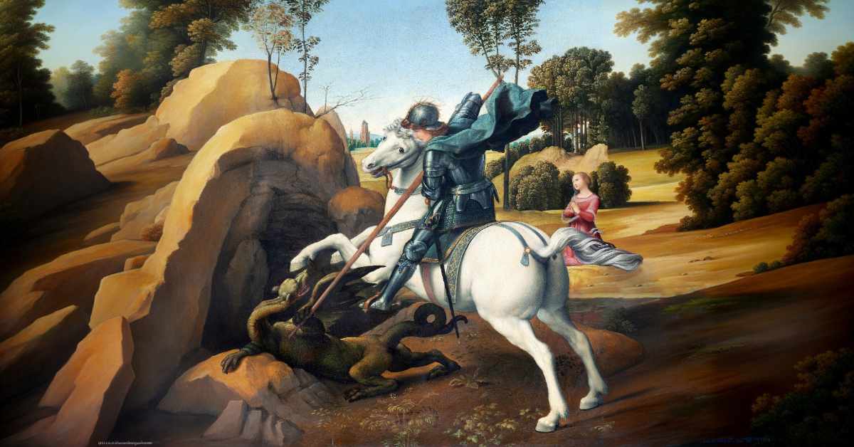 This image depicts a classical scene where a knight in shining armor, mounted on a white horse, defeats a dragon. The knight, dressed in elaborate steel armor, holds a lance poised to strike the dragon beneath him. The dragon, green with scales, lies partially on a rock with a visible wound from the knight’s weapon. The knight's cape flows dramatically behind him, adding to the intensity of the scene. In the background, a woman dressed in a red gown watches the scene from a safe distance, standing near the edge of a forest. The landscape features rocky terrains and lush greenery, with distant trees and undulating hills stretching into the background. This traditional depiction of the Saint George and the Dragon myth emphasizes themes of bravery and heroism in a serene, pastoral setting.