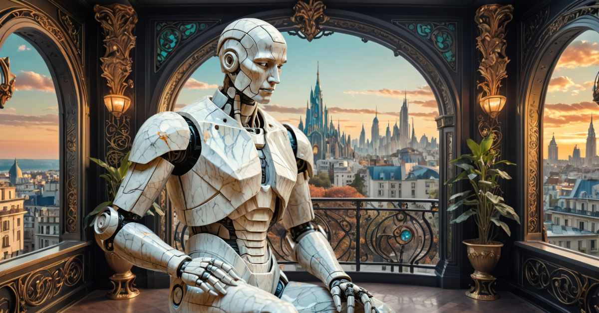 This image features a humanoid robot seated in an ornate, neo-Gothic style balcony overlooking a cityscape at sunset. The robot, designed with a highly detailed, marble-like texture, exhibits intricate joints and segments, resembling an advanced, artistic piece of technology. It gazes contemplatively towards the horizon, where a dramatic skyline of spired buildings is silhouetted against an orange and blue sky. The balcony setting includes elegant wrought-iron railings and detailed arches that frame the view. A decorative lamp and a lush potted plant add a touch of warmth and life to the scene. The composition and lighting of the image create a contrast between the robot's synthetic nature and the historical, almost romantic ambiance of the setting, highlighting themes of technology in harmony with human heritage.
