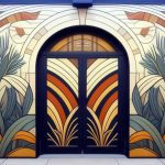 The image shows a large, intricately designed mural on a building's facade, surrounding a central set of double doors. The mural features an Art Deco style with bold, symmetrical patterns and stylized plant motifs. The color palette includes shades of orange, yellow, green, and blue. The double doors, framed in dark blue or black, have a matching geometric design with radiating lines in similar colors. The upper part of the mural features curved, sunburst-like patterns and additional floral elements.