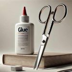 The image shows a set of office or craft supplies arranged on a neutral background. There is a white bottle of glue with a red nozzle, labeled "Glue" in bold black letters. Next to the glue bottle, there is a pair of shiny metal scissors with the handles facing up. A roll of adhesive tape, a thick book with a textured cover, a small white eraser, and a silver pen are also visible in the composition. The items are well-lit, casting soft shadows, and are arranged in a balanced, aesthetically pleasing manner.