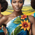 The image features three Black women standing in front of a painted vibrant, rural landscape mural with yellow fields and green hills. The woman in the center is wearing a one-shoulder top adorned with large, colorful flowers and leaves, and a matching headscarf. She gazes directly at the camera with a confident expression. On either side of her, the other two women wear teal tank tops with floral designs. Both are smiling and looking slightly off to the side, adding a cheerful and lively atmosphere to the scene. The background features lush, rolling countryside and bright, yellow-flowered fields.