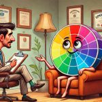 The image depicts a humorous and surreal scene where a human-like colour wheel is having a therapy session with a human psychologist. The colour wheel, with a smiling face and expressive eyes, is seated in an armchair, gesturing as if speaking. The psychologist, a man with neatly styled dark hair and a moustache, dressed in a suit and tie, listens attentively while holding a clipboard and pen. The setting resembles a typical psychologist's office, complete with a desk lamp, globe, potted plants, and framed certificates on the walls. The overall tone is playful and imaginative.