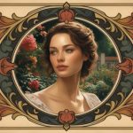 A detailed illustration features a young woman with wavy brown hair, gazing to her left. She is surrounded by a lush garden with blooming roses and green foliage. The portrait is encircled by an ornate, symmetrical border with intricate, stylized floral and leaf patterns in earthy tones of red, green, and gold. The background has a muted beige hue, enhancing the vintage, Art Nouveau style of the artwork.