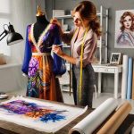 A fashion designer is working in a well-organized studio. She is adjusting a vibrant, colorful dress on a mannequin. The dress features a bold floral pattern with shades of purple, orange, and blue, and has sheer, long blue sleeves with lace trim. The designer holds a paintbrush in one hand and wears a measuring tape around her neck. In the background, there is a rack of neatly arranged clothes, a white desk with fabric rolls, and a portrait of a woman on the wall. A table in the foreground displays a paint palette, brushes, and a fabric swatch with a similar floral design. The room is brightly lit by large windows.
