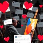 A person wearing a gray hoodie and glasses is painting on a large canvas in a dimly lit art studio filled with framed artworks on the walls and stacks of books and canvases. The painting features bold, abstract brush strokes in blue, orange, and white. Surrounding the artist are numerous floating social media posts with blue checkmarks, indicating verified users. The posts have random text, giving the impression of engagement or commentary. Large red heart icons are scattered throughout the image, symbolizing likes or appreciation. The overall composition suggests a theme of the impact social media on has on artists.