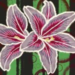 The image is a stylized digital illustration of two large, overlapping flowers with pointed petals. The petals are predominantly purple with deep magenta accents, outlined in white, and feature thin, white veins. The flowers have yellow stamens at their centers. The background consists of vertical green and black stripes, overlaid with transparent, dark red circular patterns of varying sizes. A signature in white is located at the bottom right corner of the image.