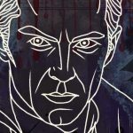 The image showcases a stylized, minimalist line drawing of a vampire's face in white against a dark, textured background. The vampire has slicked-back hair, angular features, and a stern expression, with a high-collared cloak framing his face. The background is a mix of muted blues and purples, with faint text, shadowy figures, and red streaks that resemble dripping blood. On the right side, a faint, ghostly portrait of another vampire-like figure emerges from the backdrop, adding to the eerie, gothic atmosphere. The word "vampire" is subtly written in orange script on the left side.