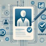 The image is a stylized illustration representing digital identity verification. At the center is a large ID card featuring a generic human silhouette in business attire, with a checkmark symbol to indicate verification. Surrounding the ID card are various interconnected symbols, including "ID" labels, checkmarks, and a pen symbolizing signing or authentication. A "Verified" badge appears prominently in the lower right. There are also small icons representing user profiles, and the word “LinkedIn” is faintly visible in the background. The overall colour scheme is muted blues and greys, giving a tech-focused, professional feel.