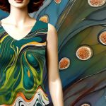A mannequin with short auburn hair is dressed in a sleeveless top featuring a vibrant abstract design with swirling patterns in green, yellow, orange, and black. The background consists of an artistic composition resembling a peacock feather motif, with flowing shapes in blue, green, and earthy tones, accented by circular golden-brown textured elements. To the left, there is a hint of a leopard-print pattern, blending into the scene.