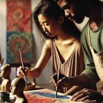 A Black man and an Asian woman are painting together in an art studio, both focused on their work. The man, wearing a green shirt and a stained beige apron, is holding a brush and working on a canvas alongside the woman, who has long dark hair and is wearing a loose brown dress. The table in front of them is cluttered with art supplies, including jars of brushes, small paint containers, and clay busts. In the background, two colorful abstract paintings on easels are visible. Warm lighting enhances the creative atmosphere of the studio.