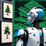 A humanoid robot with a sleek white and blue design is positioned in an art gallery-like setting. The robot faces away from the viewer, with a glowing green display of a stylized tree diagram on a black background behind it. Surrounding the display are framed illustrations of various types of trees, evenly spaced on the walls. The scene illustrates how generative AI uses a vast number of images to learn what a tree is supposed to look like.