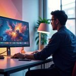 A man wearing glasses and a dark-colored shirt sits at a modern desk, working on a large computer monitor displaying a digital artwork of an explosion in space. The room has a warm, ambient glow from a desk lamp and indirect lighting on the walls. The workspace is neatly arranged with potted plants, a smartphone, a mouse, and a keyboard. A large window in the background lets in natural light, showing an outdoor view. The man appears focused as he interacts with the digital design software on his screen.