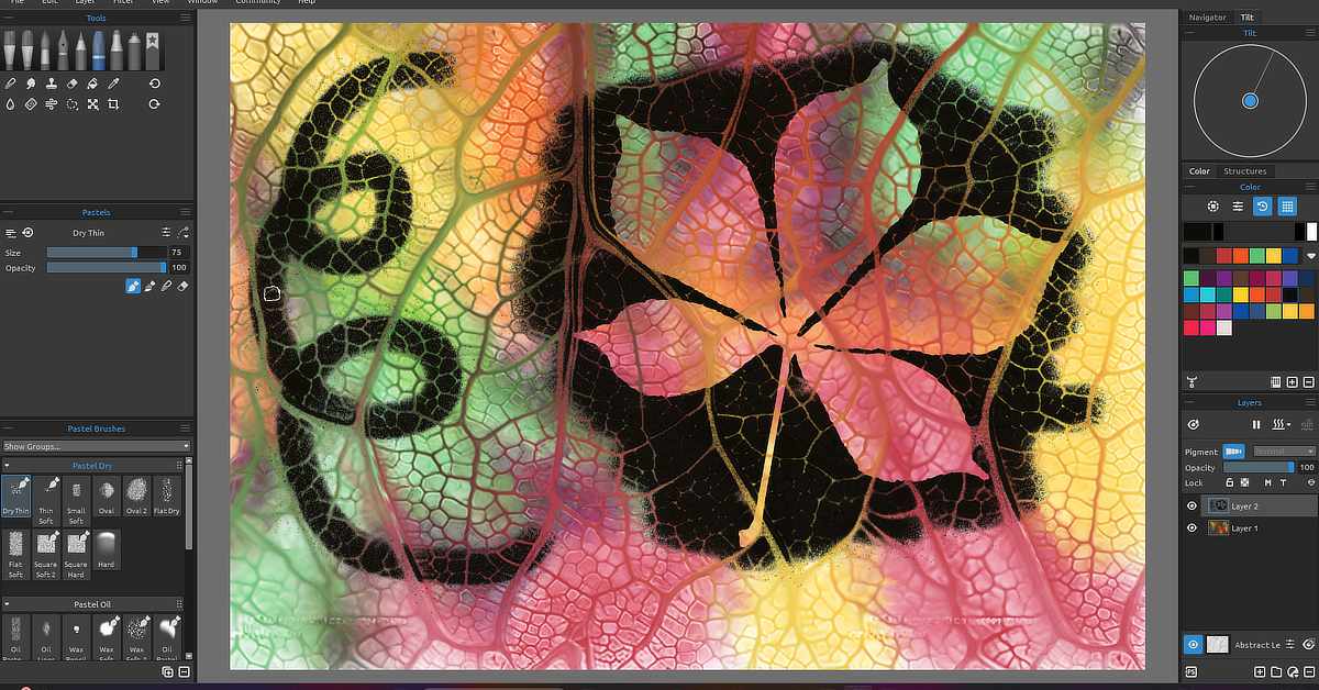 Screenshot of a digital painting software interface displaying a colourful abstract artwork. The image shows a detailed, close-up view of a skeletonized leaf texture with a black shape and a swirling doodle overlaid. The leaf structure is filled with vibrant gradients of green, yellow, orange, and red. On the left, tool and brush settings for "Pastels" are visible, while the right side includes colour palettes, layers, and a navigator. The central artwork blends organic textures with digital effects.