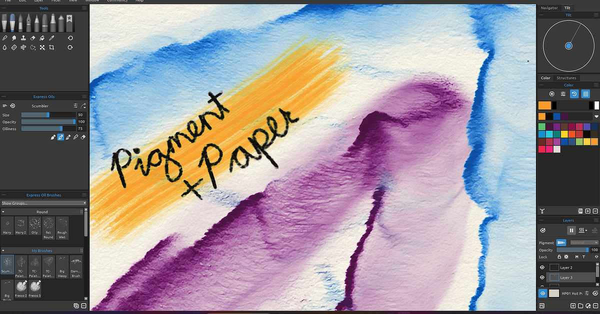 Screenshot of a digital painting application showing a canvas with a watercolour-style painting. The artwork features broad strokes of blue, purple, and orange, with the words "Pigment + Paper" handwritten in black over the orange section. The interface includes various brush tools on the left, colour palettes and layers panel on the right, and brush customization options in the center-left. The canvas has a textured, paper-like appearance.