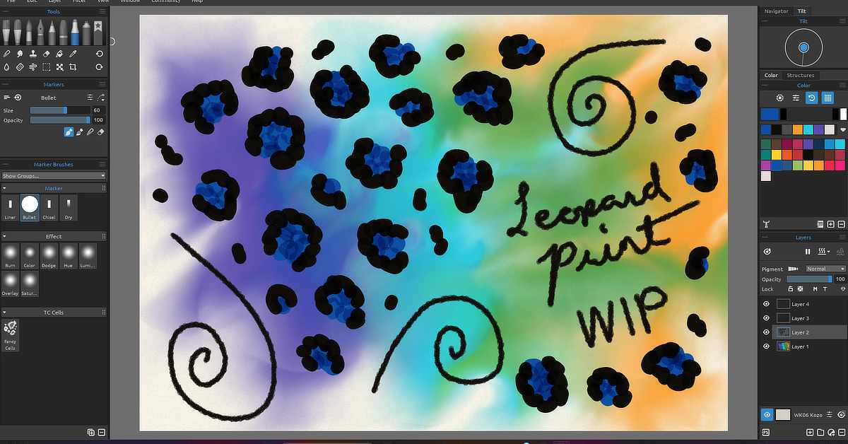 The image shows a digital art interface displaying a colorful background with a leopard print pattern in progress. The background features a gradient blend of colors including blue, green, orange, and purple. Over this background, there are black leopard spots with blue centers scattered throughout the canvas. Three large spiral shapes are drawn in black, and handwritten text in black ink reads “Leopard print WIP” (Work In Progress). The software interface includes various drawing tools, brushes, color palettes, and layer controls.