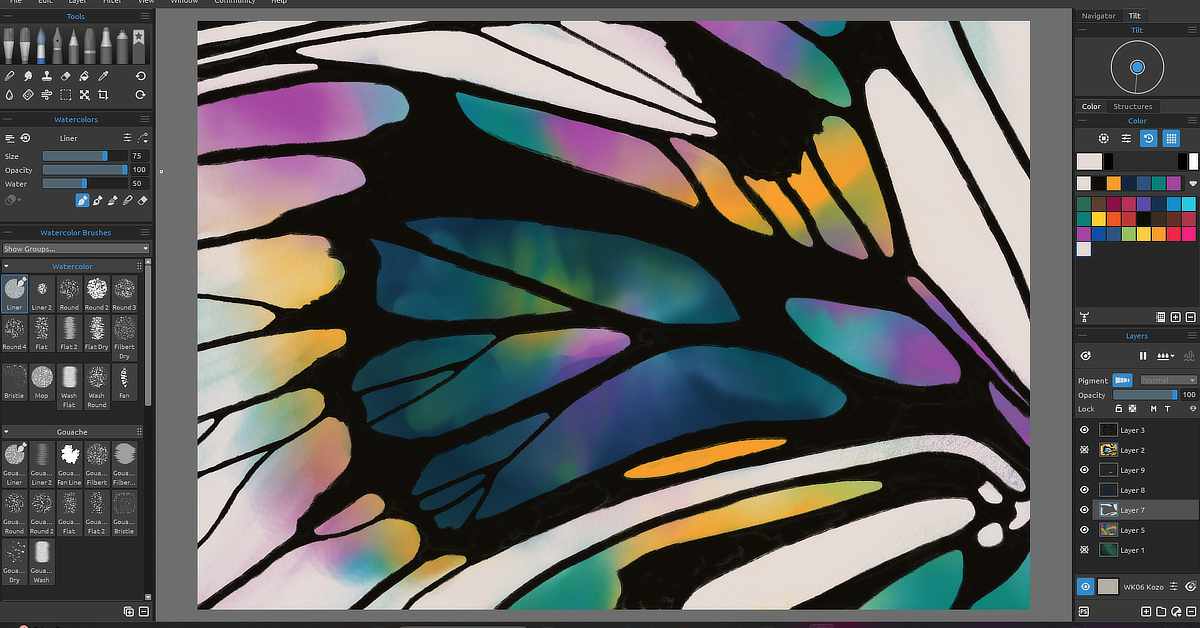 The image shows a workspace in digital art software. The artwork in progress is an abstract close-up of a butterfly wing with thick black outlines dividing various sections. These sections are filled with vibrant, watercolour-like gradients in shades of teal, blue, purple, orange, yellow, and pink. The interface displays a variety of tools and settings on both sides of the screen, including brush types, colour palettes, layer controls, and opacity sliders. The left panel focuses on drawing and painting tools, while the right panel includes layer management and colour selection.
