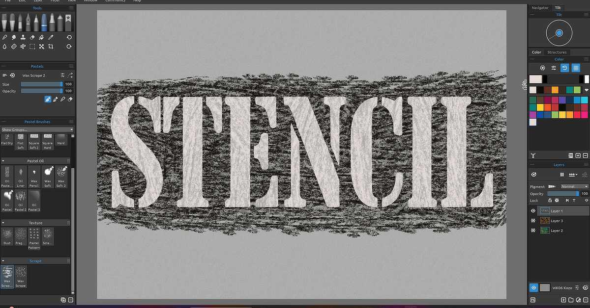 A digital art application interface displays the word "STENCIL" in large, bold, uppercase letters. The text appears in a light texture against a dark, rough, wax-like background, resembling a scraped or smudged surface. The interface shows pastel tools on the left, including brush settings and pastel brush types, while the right side contains a color palette and layer management panel. The overall aesthetic suggests the use of digital pastels or wax textures to simulate traditional media.