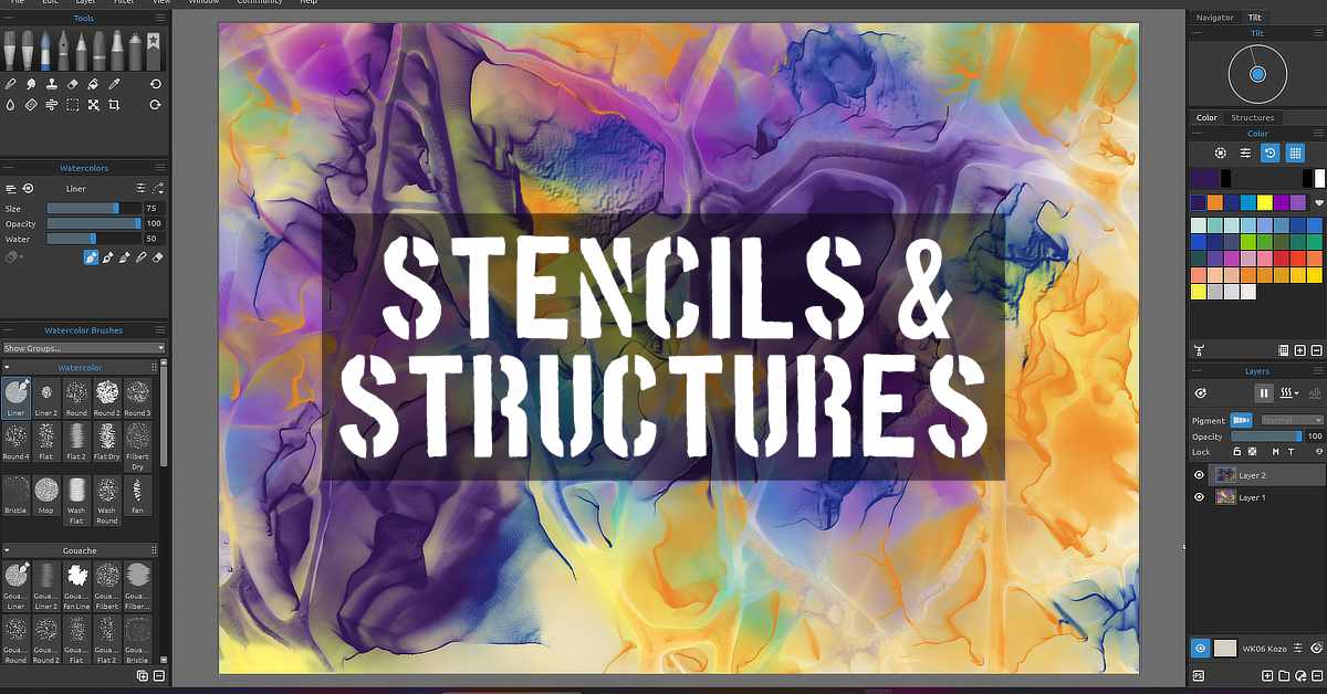 A digital painting application interface is shown, featuring a colourful abstract background with fluid, marbled patterns in purple, yellow, blue, and green hues. In the center, bold white stencil-style text reads "STENCILS & STRUCTURES" over a semi-transparent dark rectangle. The application displays tool panels on both sides, including brush settings, watercolour brush options, colour palettes, and layer controls.
