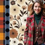 A woman stands in front of a collage-style background featuring four distinct patterns. From left to right, the patterns are: a bold plaid in orange, navy, and red; a vertical stripe with black circles on a blue background; a floral print with beige, brown, and black flowers and leaves; and an abstract animal print with black, white, and orange shapes resembling zebra or leopard markings. The woman wears a red plaid blazer with a matching vest and a green turtleneck sweater underneath. She is smiling and has long, wavy hair.