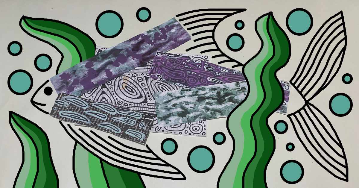 The image shows a mixed-media artwork of a fish created by combining hand-drawn elements and cut-out patterned paper. The fish’s outline, fins, and eye are drawn in black on a beige background, with light blue bubbles and green seaweed surrounding it. The body of the fish is filled in using rectangular strips of various patterned papers, including tie-dye, marbled textures, abstract linework, and newspaper text. The design merges traditional drawing with collage for a creative, layered visual effect.