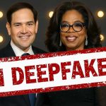 A group portrait of four formally dressed individuals standing side by side, all smiling and wearing suits or formal attire. Overlaid prominently across the center of the image is a large red and white stamped label that reads “AI DEEPFAKED,” indicating that the faces or entire image may have been digitally manipulated using artificial intelligence. The background is dark with several round lights visible, giving a studio-like appearance. Note: Due to the “AI DEEPFAKED” label, the individuals in the image may not be real or may have altered appearances, so no assumptions are made about their identities.