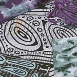 The image shows a collage of various textured and patterned papers layered together. Some papers feature abstract designs drawn over printed text from book or newspaper pages, such as black and white swirling lines or blue teardrop shapes. Others have tie-dye or marbled patterns in colors like green, purple, and blue. The overall composition is artistic and eclectic, combining text, patterns, and color in a mixed-media style.