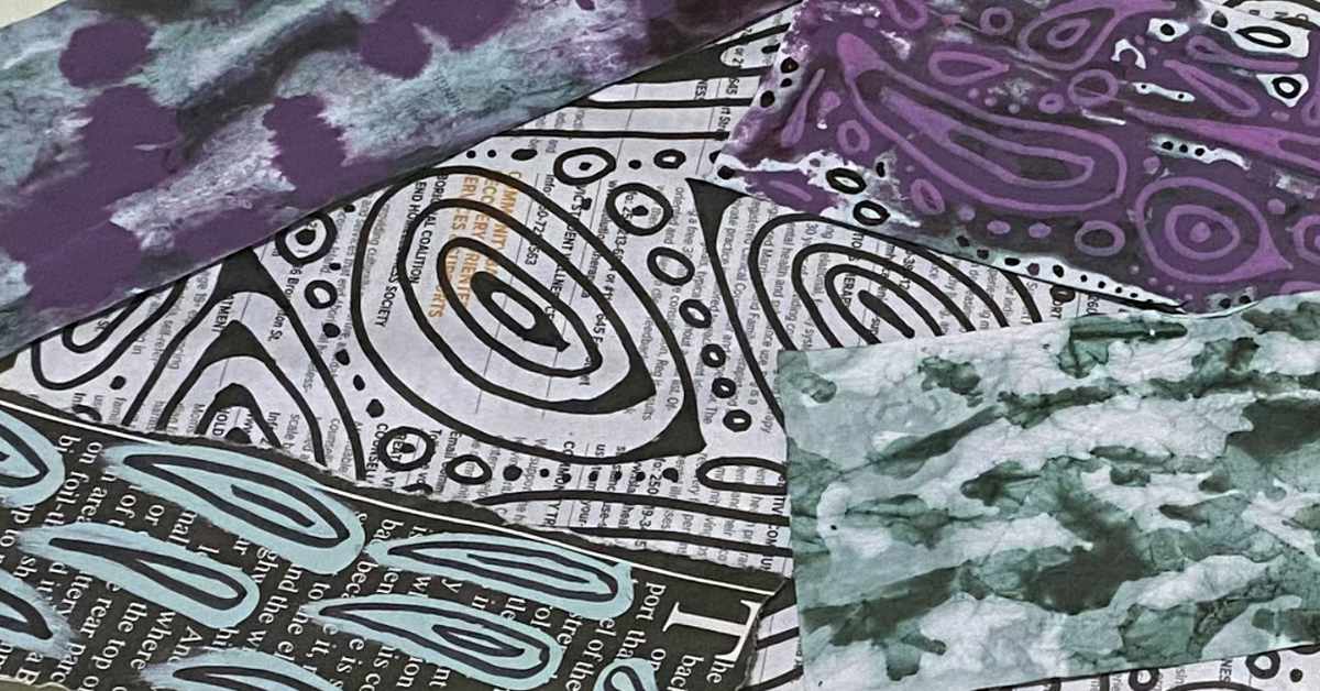 The image shows a collage of various textured and patterned papers layered together. Some papers feature abstract designs drawn over printed text from book or newspaper pages, such as black and white swirling lines or blue teardrop shapes. Others have tie-dye or marbled patterns in colors like green, purple, and blue. The overall composition is artistic and eclectic, combining text, patterns, and color in a mixed-media style.