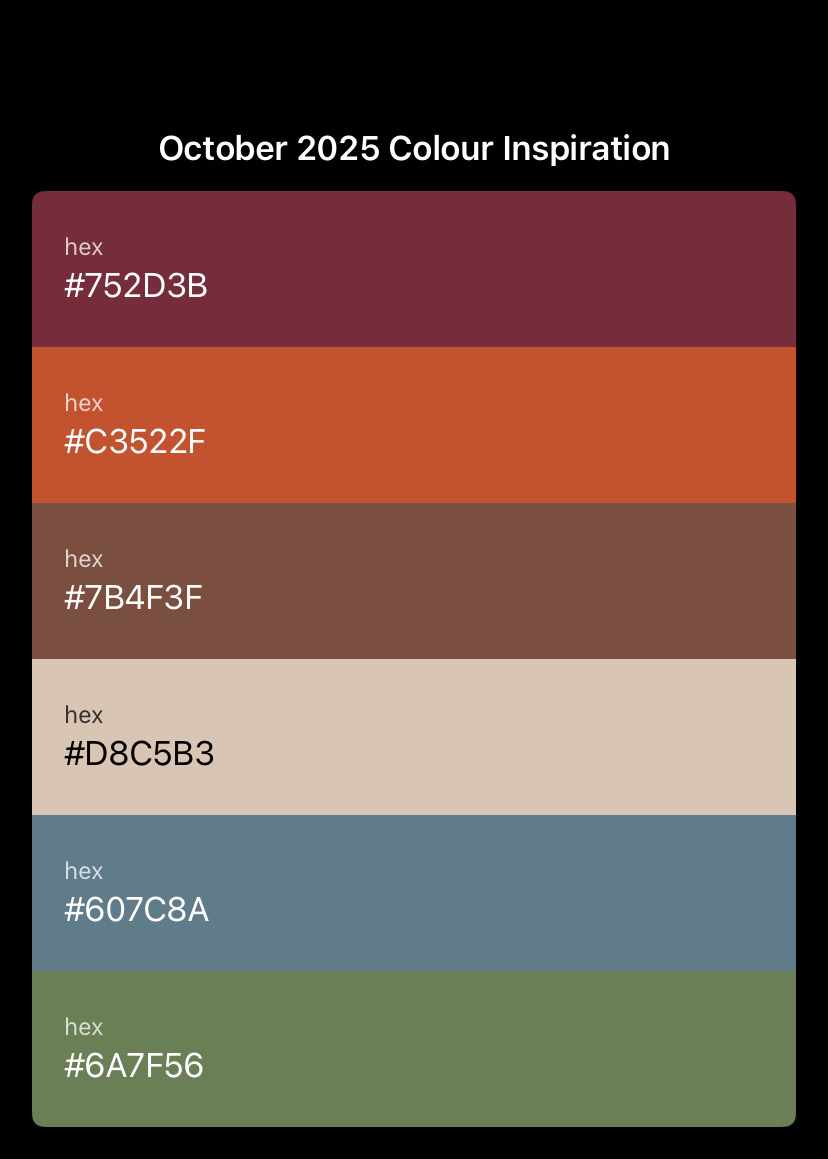 A digital graphic titled "October 2025 Colour Inspiration" featuring a vertical palette of seven rectangular color swatches on a black background. Each swatch includes its corresponding hex code: 1. Burgundy Red (#752D3B) 2. Spiced Orange (#C3522F) 3. Mocha Mousse (#7B4F3F) 4. Cream Taupe (#D8C5B3) 5. Slate Blue (#607C8A) 6. Fern green (#6A7F56)