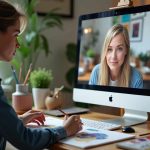 A woman sits at a desk in a well-lit, cozy room, drawing on paper with coloured pencils or markers. In front of her is a large Apple iMac displaying a video with another woman, who appears on the screen looking directly ahead. The desk is organized with art supplies, potted plants, and a keyboard. The background includes a window with natural light, houseplants, and warm ambient lighting from a lamp.