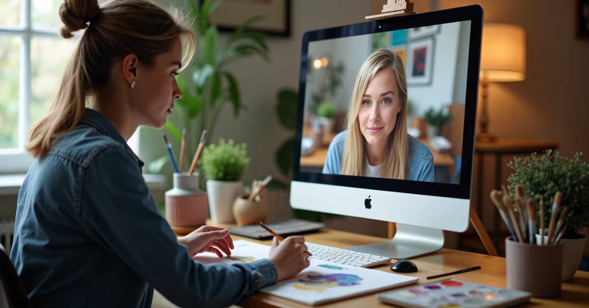 A woman sits at a desk in a well-lit, cozy room, drawing on paper with coloured pencils or markers. In front of her is a large Apple iMac displaying a video with another woman, who appears on the screen looking directly ahead. The desk is organized with art supplies, potted plants, and a keyboard. The background includes a window with natural light, houseplants, and warm ambient lighting from a lamp.